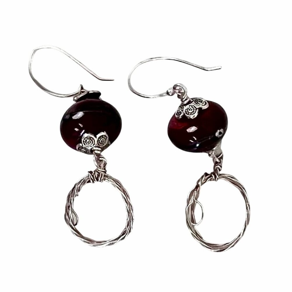 Handcrafted Purple Glass & Silver Wire Dangle Earrings Lightweight Jewelry